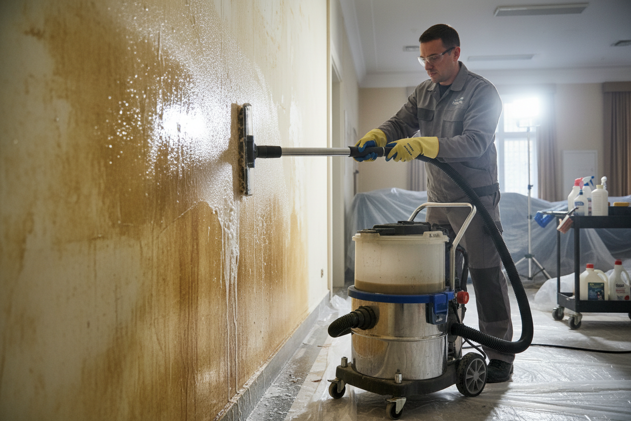 iemand die met waterzuiger nicotine verwijderd